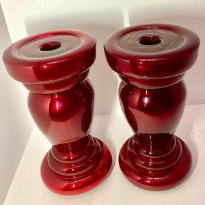 RESERVED FOR ELIZA- VTG RED GLASS CANDLE HOLDERS/PILLARS